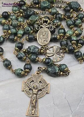 St Patrick Bridget Shamrock Celtic Green Kambaba Jasper Vintage Bronze Rosary • $159