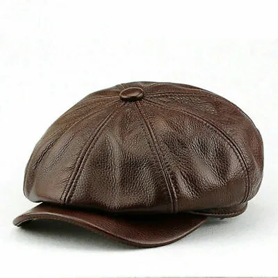 Men's Vintage Real Leather Painter Beret Hats Octagonal Newsboy Cap Ivy Flat Hat • $25.19