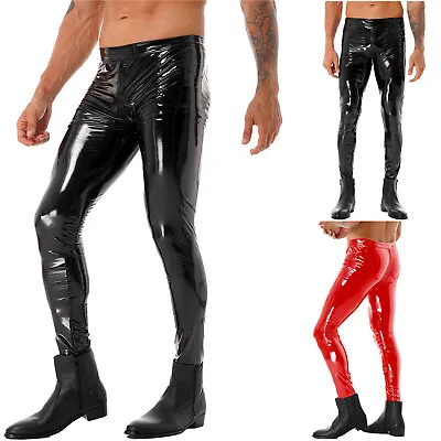 UK Men Faux Leather Shiny Tights Skinny Motorcycle Biker Pants PVC Long Trousers • £20.99