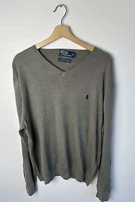 Ralph Lauren Mens V-neck Sweater Pima Cotton Jumper Grey XL • $1.25