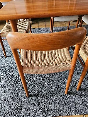 Two Mid Century Danish Paper Cord + Teak Dining Chairs By Niels Moller Model 75 • £800