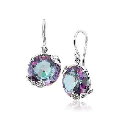 925 Sterling Silver Hanging Earrings Mystic Round Cubic Zirconia CZ Rainbow Leaf • $42