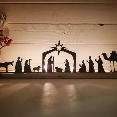 Christmas Nativity Scene Sets Black Metal Nativity Set With Wood Base Table Deco • £9.11