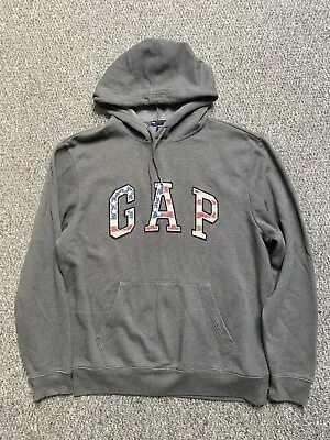 GAP Grey Men's Medium Hoodie Sweatshirt USA Stars & Stripes Embroidered Logo • £0.99