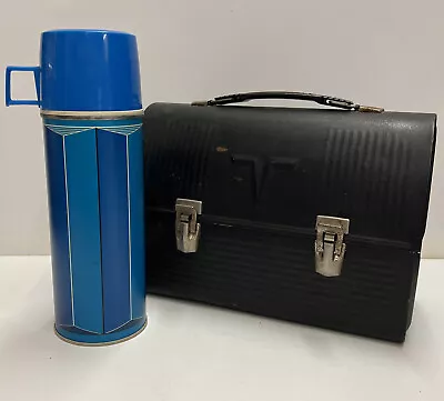 Vintage Black Metal Domed V Victory Work Pail Lunch Box & Thermos Miners • $45