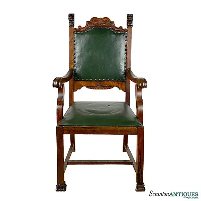 Antique Victorian Quartersawn Oak Carved Lion Green Leather Library Chair • $480