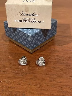 1979 Avon Heart Pierced Earrings Silver Tone Shiny Rhinestones Heartshine Small • $7