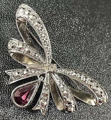 AVON Signed Vintage 2.2” Purple Crystal Rhinestone Dangle Bow Brooch Pin • $4.99