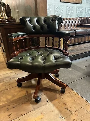 Green Leather Chesterfield Swivel Captains Chair Height & Tilt Adjustable • £375