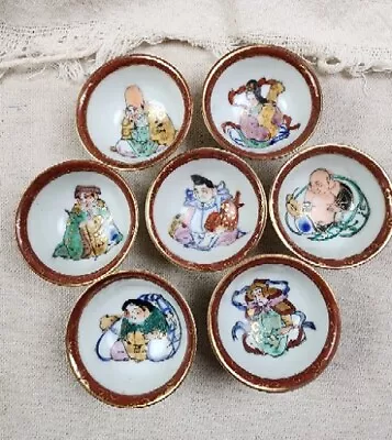 Kutani Ware Sake Tea Cups 7 Lucky Gods Deities Of Good Fortune Asian Vintage • $69