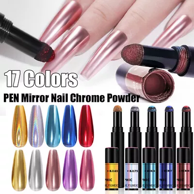 PEN Mirror Nail Chrome Powder AirCushion Solid Dust Holographic Rose Gold Silver • £9.28