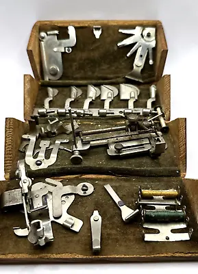 Antique 1889 Sewing Box Accessories Attachments Oak Folding Box • £69.66