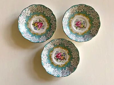 3 Vintage Bone China Royal Albert Enchantment Saucers Teal Rose Pink White Gold • $45