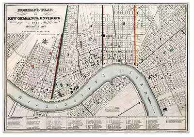 NEW ORLEANS Louisiana MAP Circa 1845 - Vintage Bourbon Street Repro Print 24x36 • $24.97