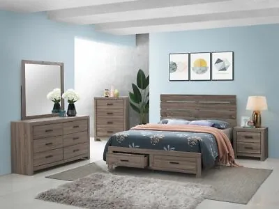 4 Pc Barrel Oak Plank Wood Paper Veneer King Storage Bed Bedroom Furniture Set • $1099