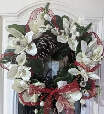 Holiday Door Wreath Handmade Christmas Decor Magnolia Flowers  23x20 • $25