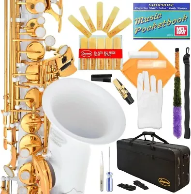 360-WH - White/Gold Keys Eb E Flat Alto Saxophone Sax Lazarro+11 Reeds & More • $229.99