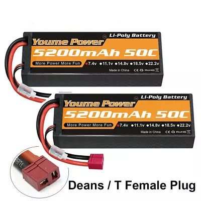 2X Youme 7.4V 2S LiPo Battery 5200mAh 50C Deans T Hardcase For RC Car Truck Boat • £44.39