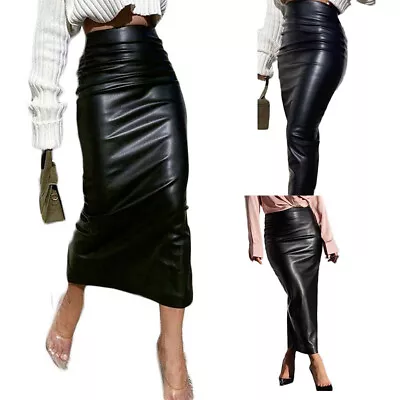 Womens Pencil Skirt High Waist Midi Skirts Zipper Bodycon PU Leather Streetwear • £34.31