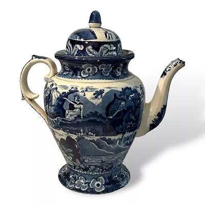 Antique Teapot Carey's Lady Of The Lake Staffordshire Blue Transferware  C.1830 • $295