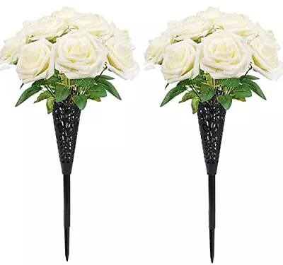 Bocola 22 Creamy White Rose Artificial Flowers With 2 Plastic Vase Cemetery H... • $22.34