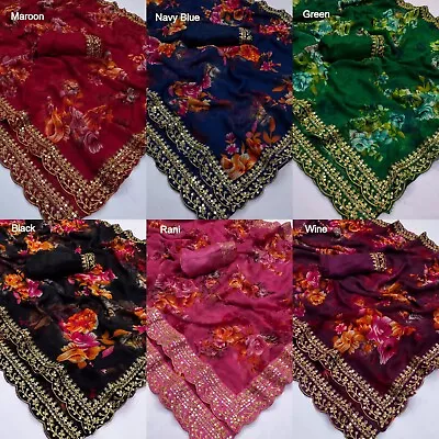 Beautiful Wedding Chiffon With Flower Print Saree & Blouse Traditional Wear Sari • £28.99