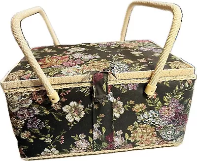 VTG Large Footed Sewing Basket With Handles Floral  • $24.99