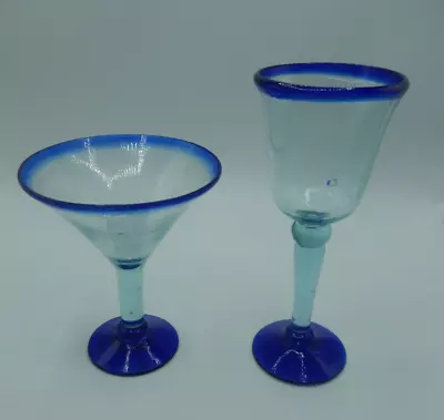 Vintage Mexican Jumbo Goblet & Martini Glass Cobalt Blue Rims & Bases Hand Blown • $19.99