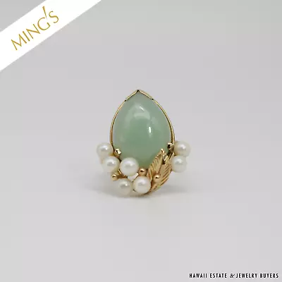 MING'S 7.2g 14KYG PALE GREEN JADE AND PEARL RING SIZE 7 • $1600