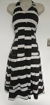 Ladies Coast Size UK 12 Halterneck Black White Stripe Summer Dress • £5