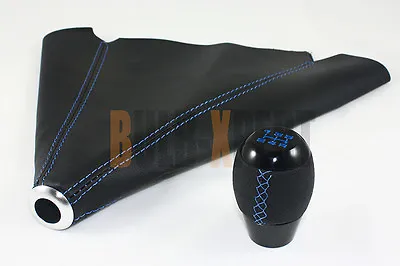 M10 X 1.25 Blk 5 Speed Leather Shifter Knob+ Blue Stitching Shift Boot For Mazda • $27.99