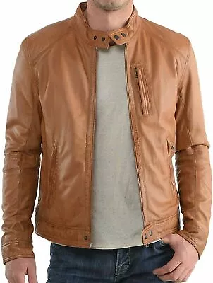 Men Jacket Genuine Tan Brown Lambskin Leather Biker Motorcycle Party Wear CH 523 • $114.99