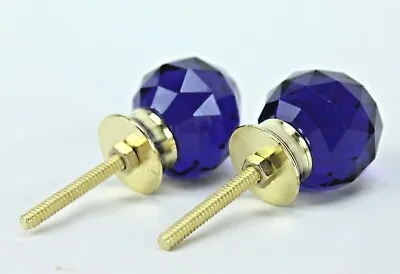 Cobalt Blue Diamond Cut Glass Door Knob Set: Vintage Brass Hardware 2 Pcs • $47.94