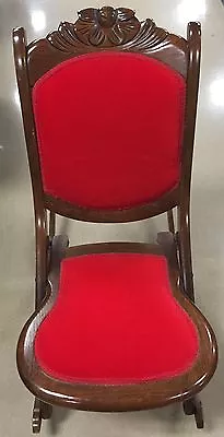 Rare Old Vintage Antique Folding Nursing Rocking Chair Wood Red Upholstered Nice • $250.28