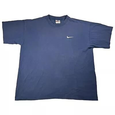 Vintage 90s Nike White Tag Embroidered Swoosh Navy Blue T-Shirt Sz L Made In USA • $19.99