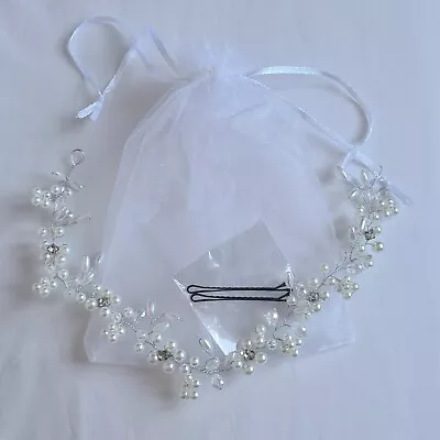Silver White Crystal And Pearl Wedding Vine Hair Accessory With Hair Slides NEW • £2