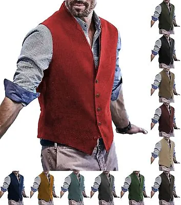 Mens Double Collar Vest Tweed Herringbone Waistcoat Groom Vintage Retro Grooms • $41.79