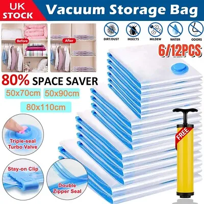 6/12pcs Strong Vacuum Storage Space Saving Vac Bags Space Saver Vacuum Vacum Bag • £6.49