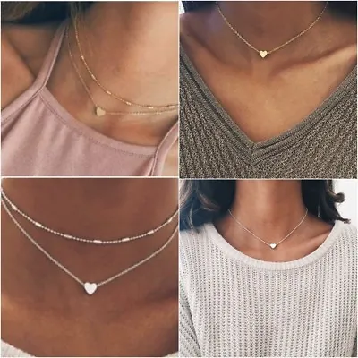Womens Heart Necklace Chain Choker Beaded Silver Gold Pendant Long Necklaces  • £3.49