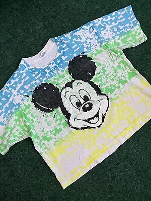 VTG Disney Mickey Mouse Neon Crop T Shirt 80s Blue Tag XL Tie Dye • $34.88