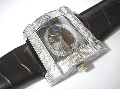 Silver Tone Metal Big Case Brown Leather Band Men's Watch Item 4370 • £9.59