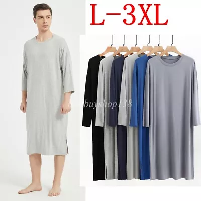 Men Bamboo Nightshirt Long Sleeve Nightwear Scoop Neck Loose Nightgown Pajamas • $16.90