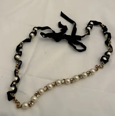 J. Crew Women's Ribbon-tied Long Pearl Crystal/rhinestone Necklace Adjustable • $12