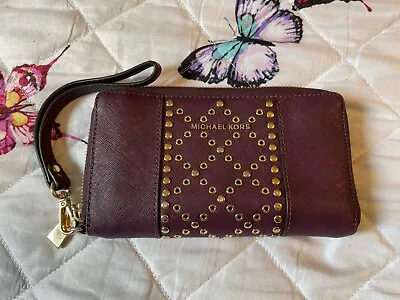 MICHAEL KORS Plum Coated Leather Wristlet Wallet Phone Case • $59