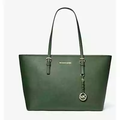 Green MICHAEL KORS Jet Set Medium Saffiano Leather Top-Zip Tote Bag N • $20