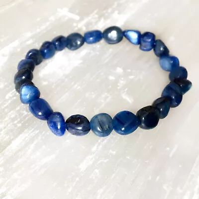 Blue Kyanite Bracelet Polished Stone Beads Natural Gemstone Nugget Reiki Heal • $17.99