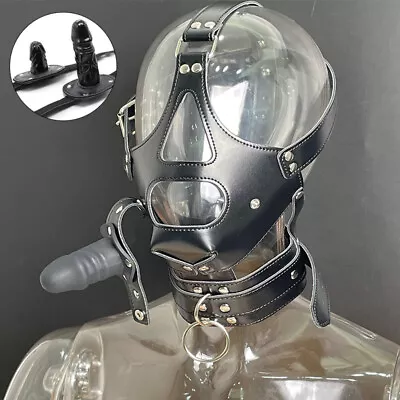 Restraint PU Leather Head Hood Harness Mask Open Mouth Penis Plug Slave Bondage • $25.99