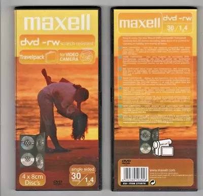 8 X Maxell DVD+RW 8CM 1.4Gb 30min Video Camera Camcorder Travelpack 2 Packs Of 4 • £9.99