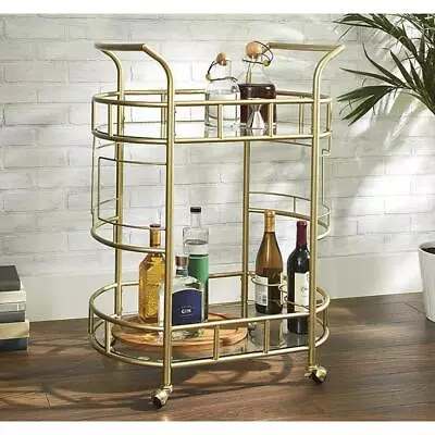 Home Garden Gold Metal Glass Fitzgerald Rolling Serving Bar Cart 2-Tier Shelf • $113.89