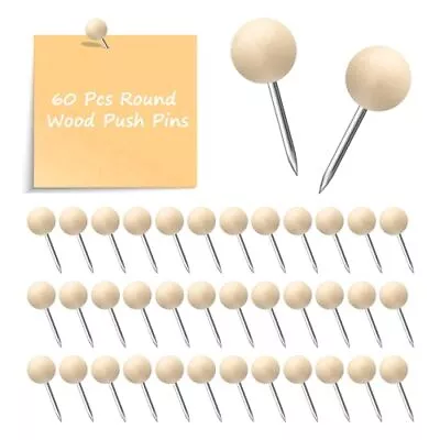 Wood Push Pins 60 Pcs Wooden Round Head Decorative Thumb Tacks Cute Ball Map  • $13.14